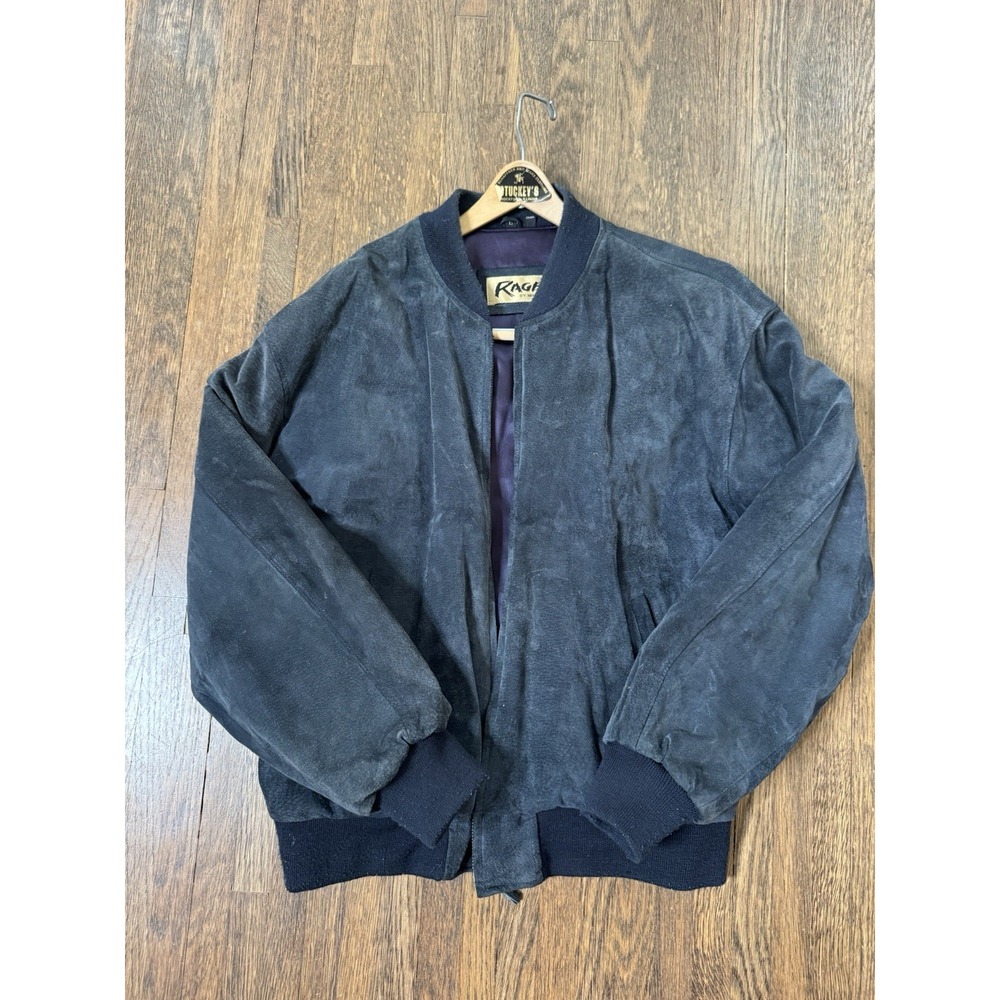 Vintage Rage By Mirage Navy Blue Suede Leather Bomber Jacket Mens Large 90s